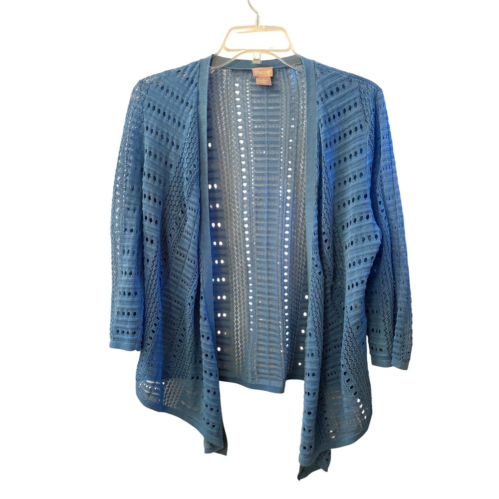 Chicos Blue Pointelle Knit Open Front Cardigan Sweater Womens Size 1 Medium